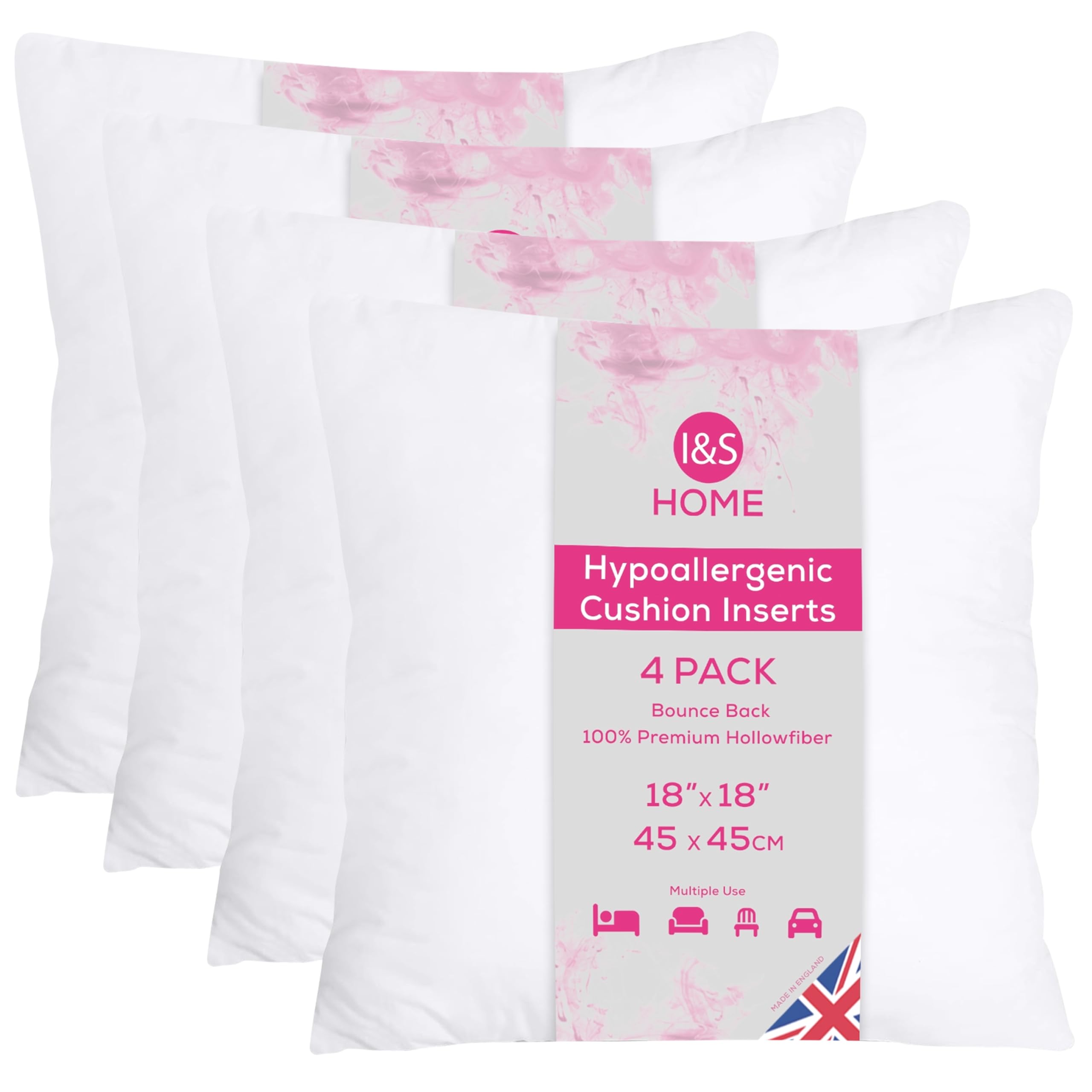 I&S Home White Cushion Inserts 45Cm X 45Cm (18"X18") Inner Pads - Hollowfibre Square Pillow - Bounce Back Polyester Scatter Cushions - Hypoallergenic Cushions For Sofa And Couch - Pack Of 4