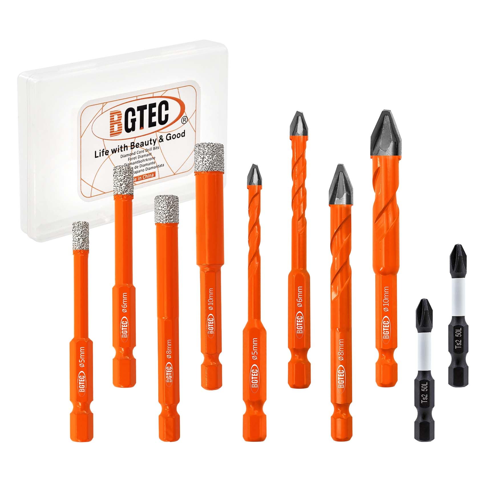 BGTEC Diamond Drill Bit Set 10PCS - 5/6/8/10MM Tile Bits & 5/6/8/10MM Eccentric drill bit with PH2 Screwdriver Bit for Porcelain Tile Marble Granite Concrete Wood Masonry
