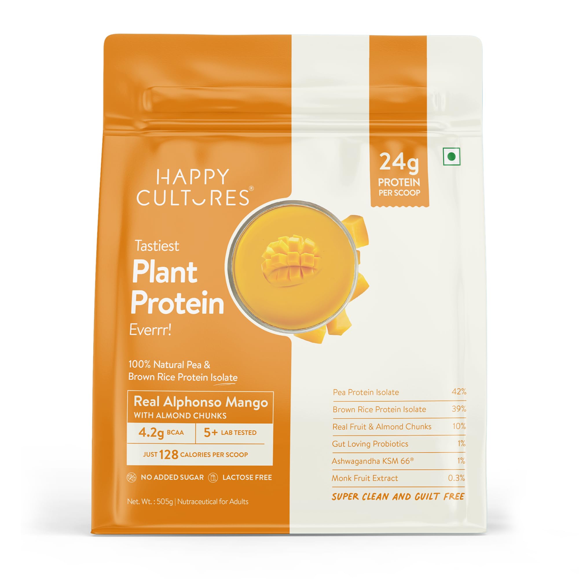 Happy Cultures 24g Tastiest Plant Protein| Real Alphonso Mango, Almond Chunks & Ashwagandha (KSM 66) |Pea & Brown Rice Protein Isolate| No Added Sugar| Vegan| 20 Complete Amino Acids | Monk Fruit Extract| Women & Men| No Bloating, Easy to Digest| Dairy Free with Probiotics - 505g-image-35