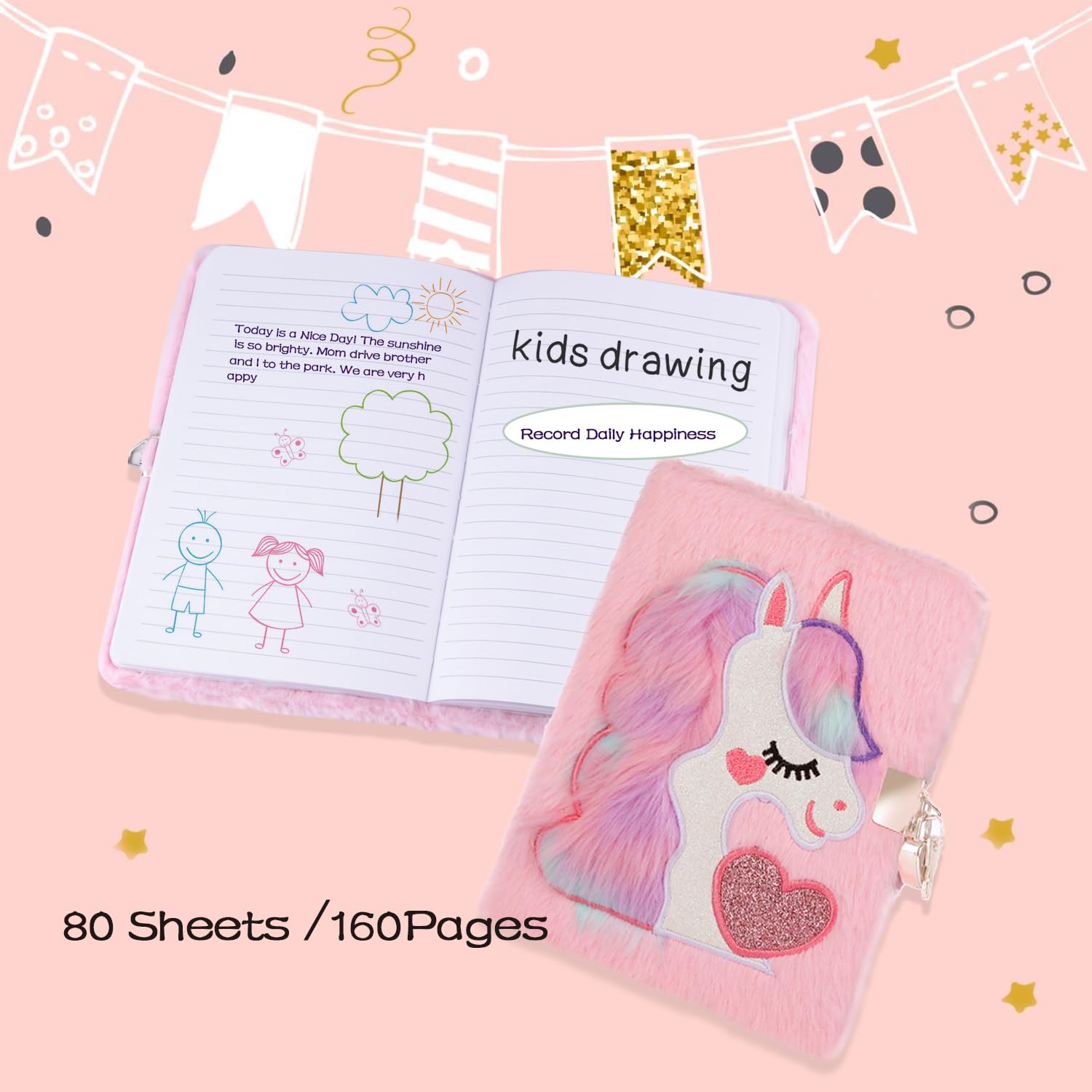Cute Unicorn Diary for Girls Notebook with Key and Lock Furry Cartoon Journal for Kids Pink