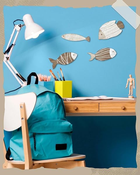 Putuo Decor Décoration Murale Poissons Bois Naturel, Lot de 4 Poissons rayés Tons Beige Blanc, MDF Style Marin Bord de mer, déco Coastal pour Salle de Bain WC entrée Salon, Maison Vacances gîte - 3