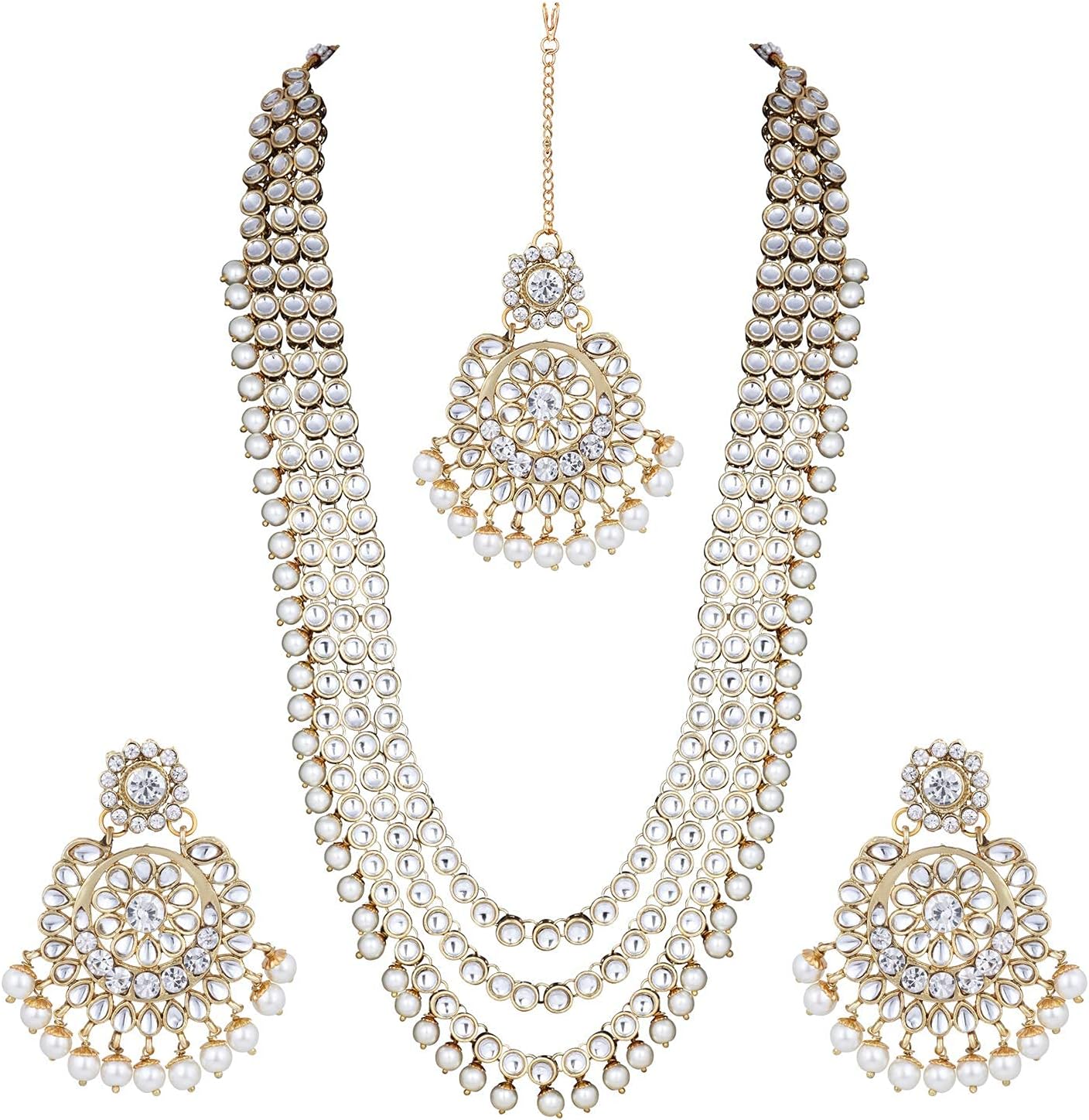 I Jewels18k Gold Plated Indian Wedding Bollywood Kundan Pearl Beads Bridal Long Necklace Jewellery Set