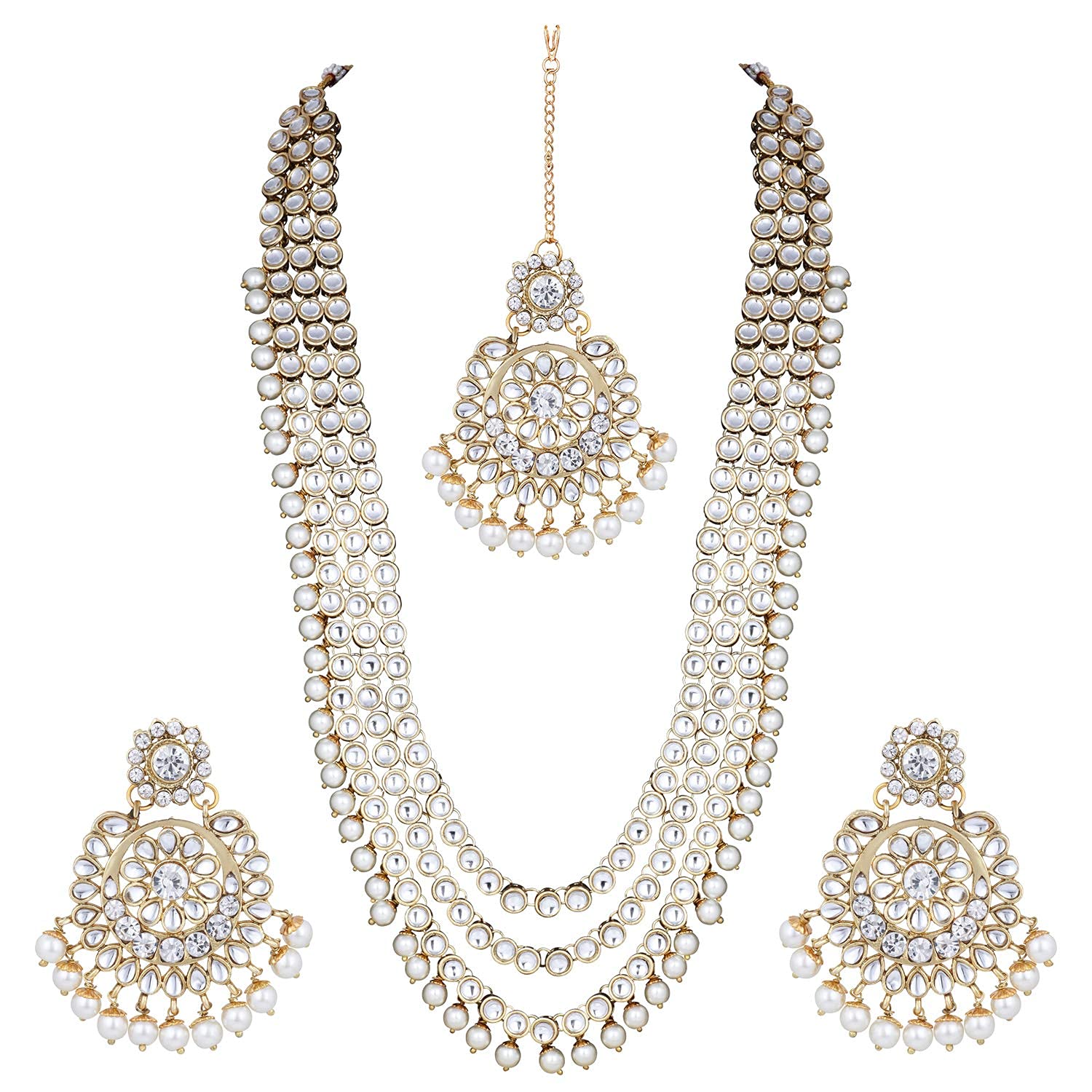 I Jewels18k Gold Plated Indian Wedding Bollywood Kundan Pearl Beads Bridal Long Necklace Jewellery Set