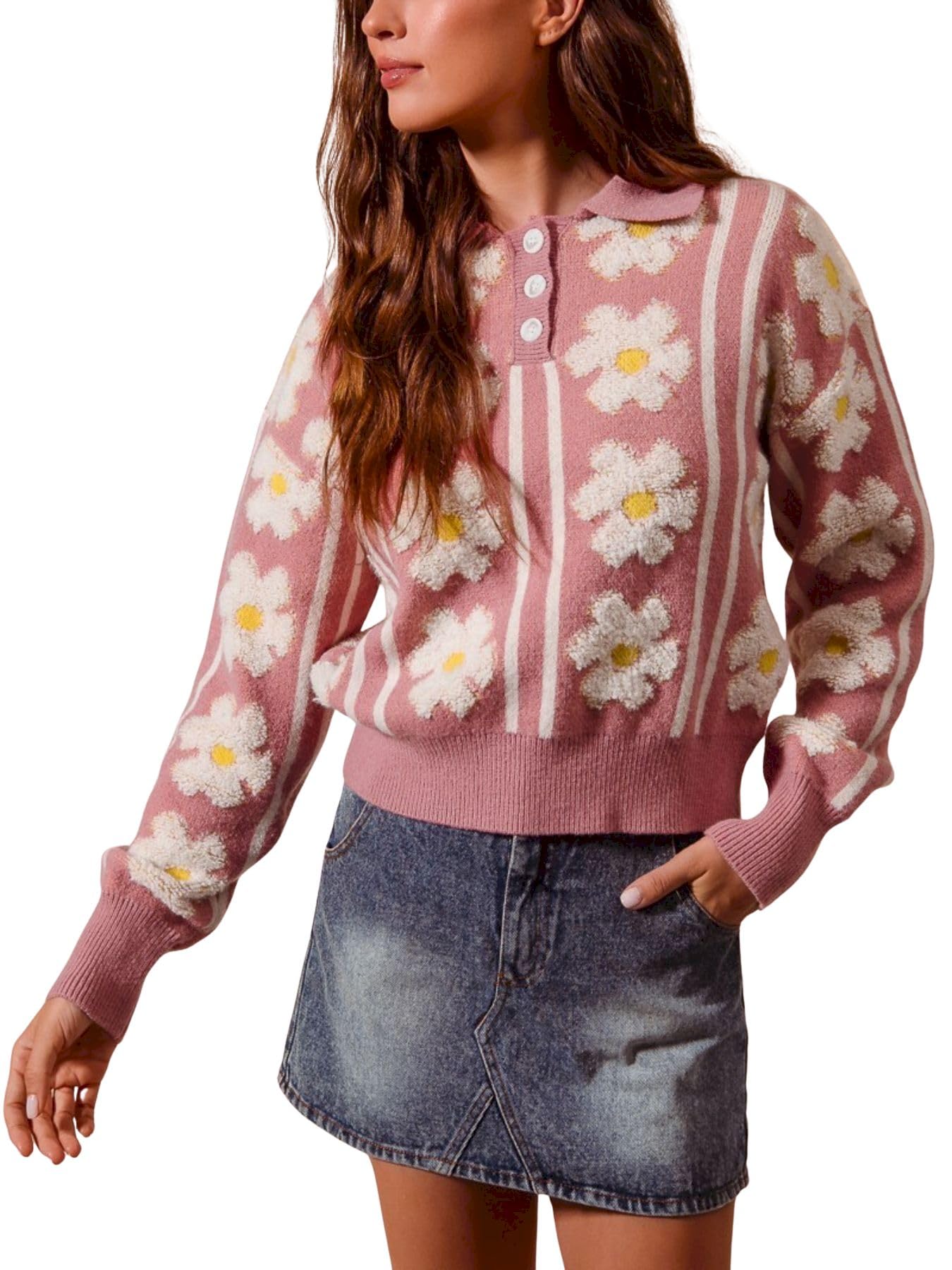 Womens Casual Pullover Sweater Daisy Floral Pattern Striped Cropped Knit Top Collared Pink Spring Fashion