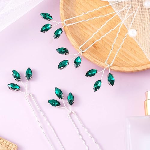 Miniatura 6 de PAGOW 10 horquillas de pelo con diamantes de imitación verdes, horquillas para novias, pieza de cabello de boda con diamantes de imitación de