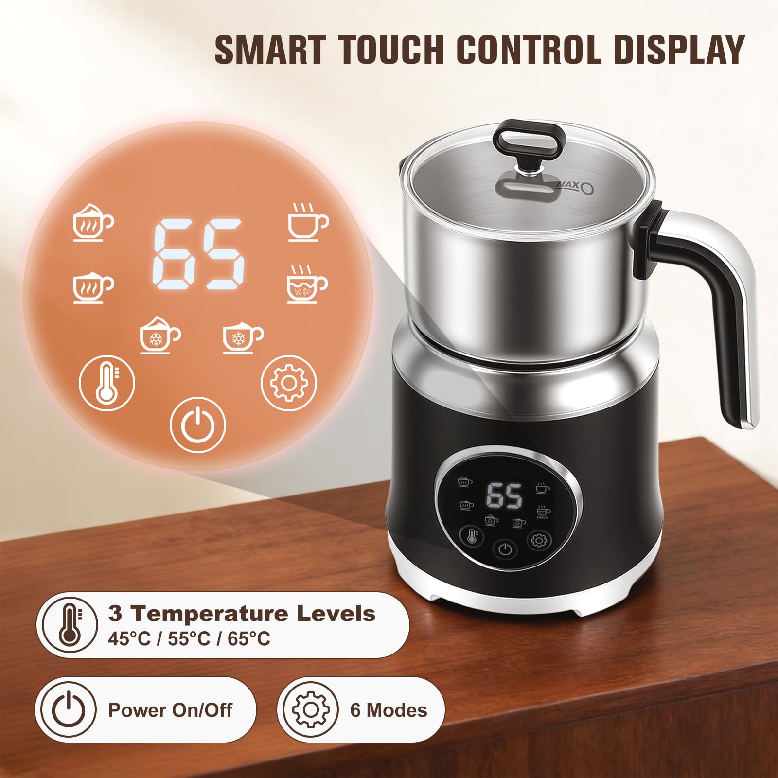 Montalatte Elettrico 6 in 1, Schiuma Latte 3 Temperature (45°C/55°C/65°C), 1.2L 800ml Acciaio Inox 304, 600W, Touch Smart, Nero, per Cappuccino Barista Home