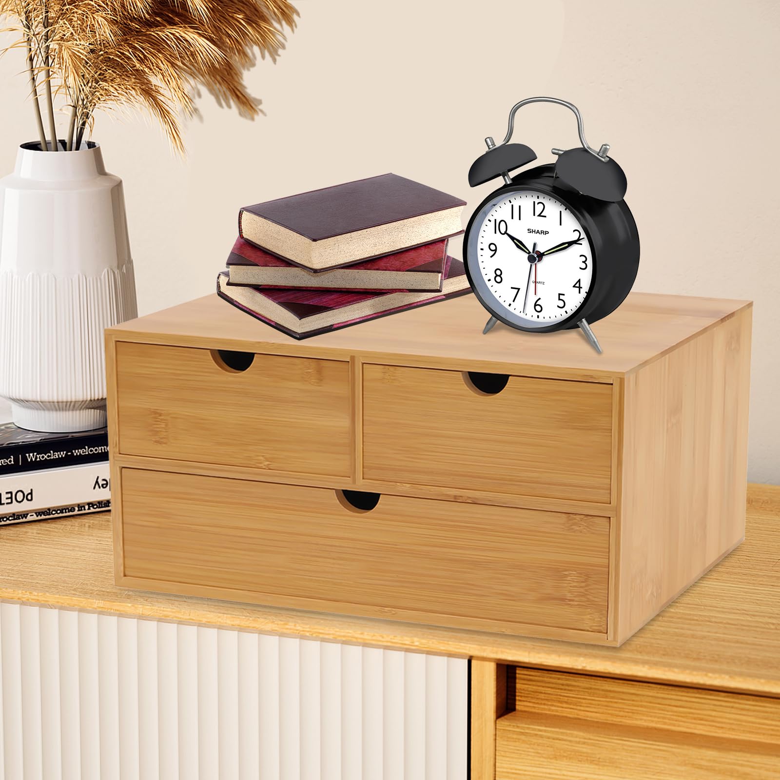 Organizer da scrivania in bambù, 33 x 19 x 16 cm, con 3 cassetti, bordi rotondi e piedini antiscivolo, organizer multifunzionale per la casa, l'ufficio, la camera da letto e la decorazione