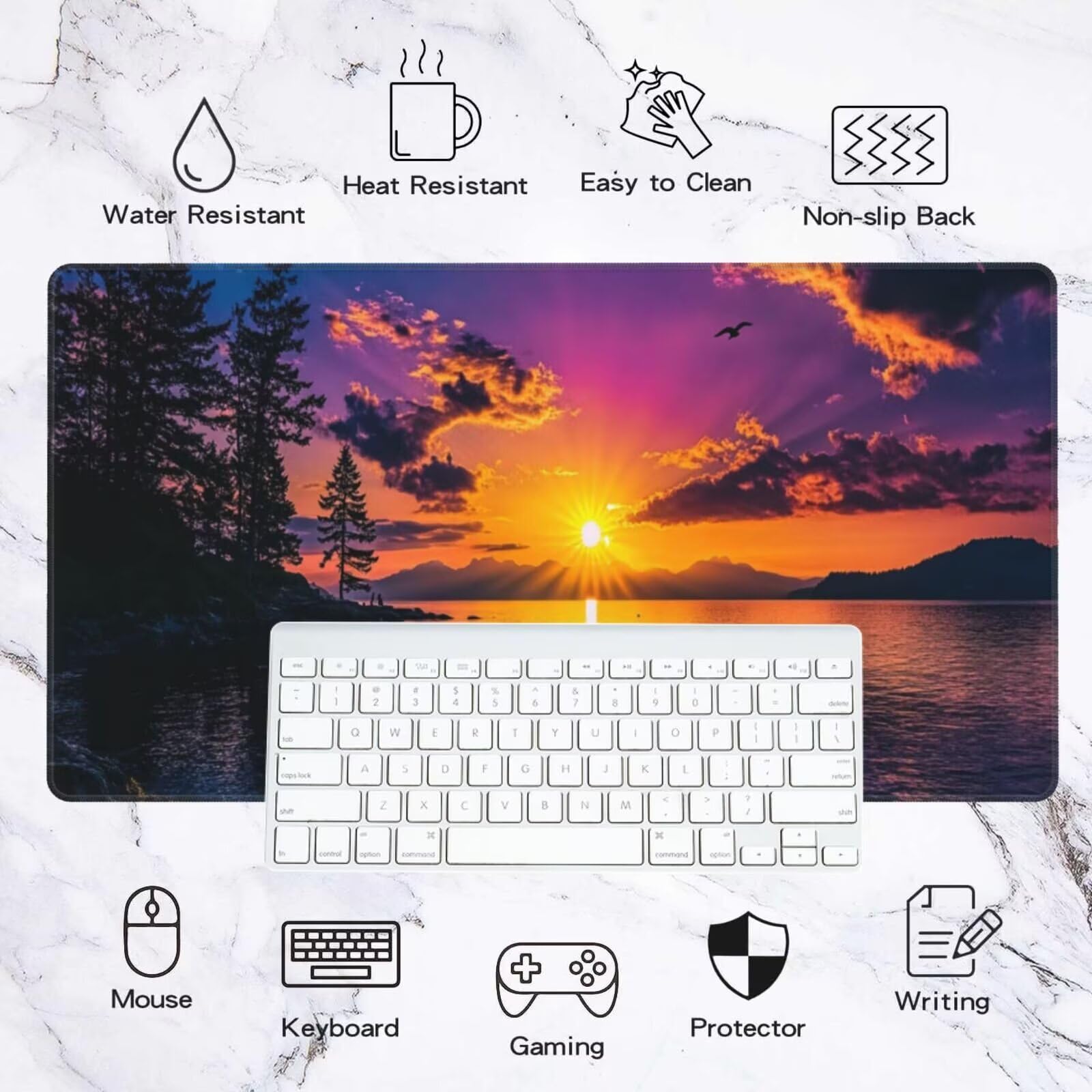 Alfombrilla Ratón Mar Alfombrilla Ratón XXL 1600 x 800 mm, Puesta de Sol Mouse Pad Gaming con Bordes Cosidos, Impermeable Mousepad XXL Base de Goma Antideslizante Duradera, Mouse Pad para Oficina Q208