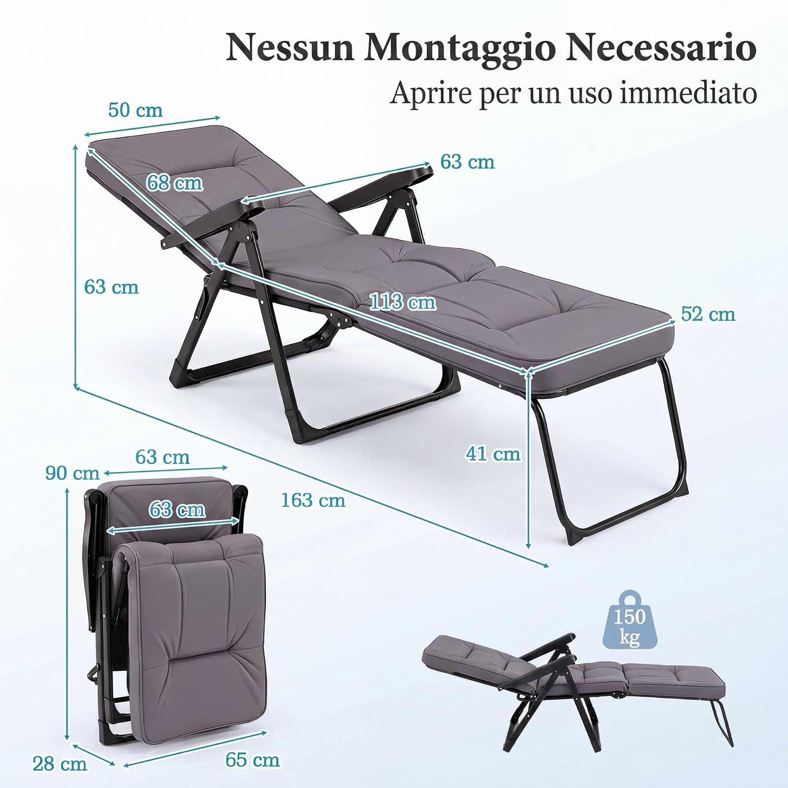 COSTWAY Sedia a Sdraio Pieghevole, Lettino Prendisole da Esterno con Schienale e Poggiapiedi Regolabili, Poltrona Relax in Metallo con Cuscino Morbido per Giardino e Terrazzo, Portata 150 kg (Grigio)