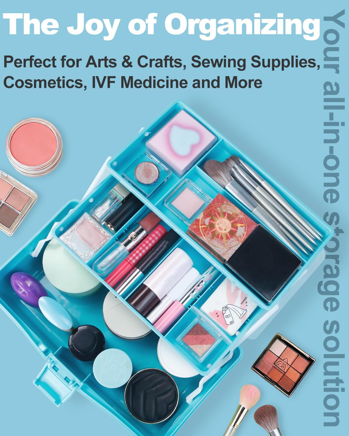 12in 3-Layer Plastic Craft Organizers and Storage, Portable Folding Tackle Box with Handle & Adjustable Dividers, Multipurpose Case for Sewing, Art Supplies, Medicine, Tools (Blue) - Image 6