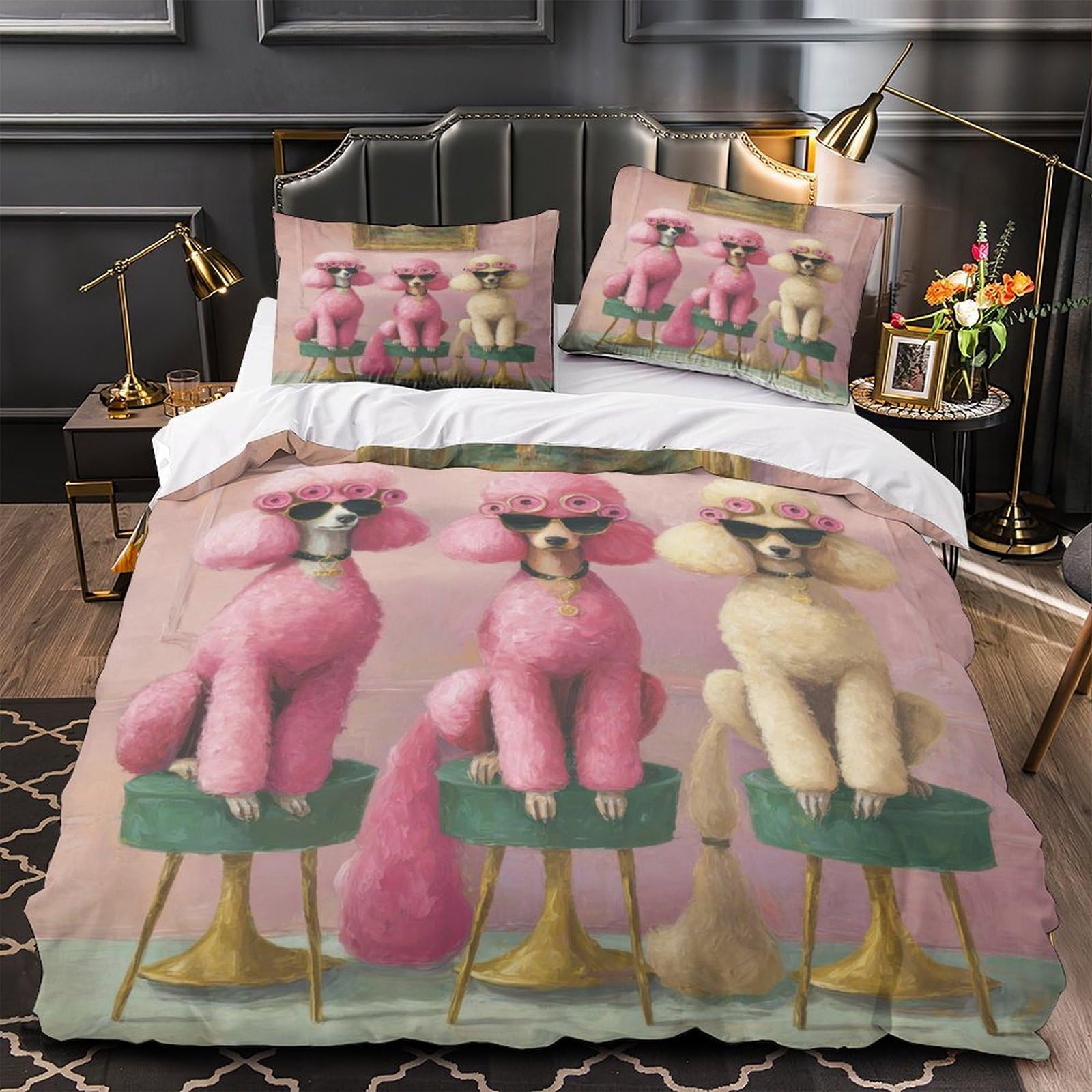 MMDASBVPE Pink Poodle Trio Quilt Cover 3D Design Printed Hotel Quality 3-Piece Bedding Set Zipper Comforter Cover Ultra Soft Hypoallergenic for Teens Adults Women Kids Girls Boys Single（140x200cm）