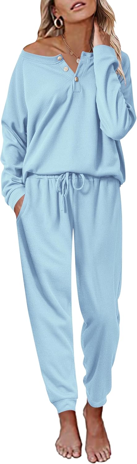 Ekouaer Pajamas Women's Waffle Knit Sleepwear Long Sleeve Top with Pants Casual Pjs Loungewear Set S-XXL