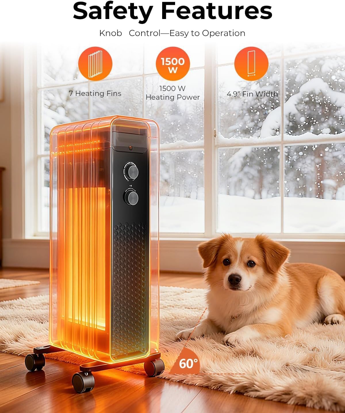 ZAFRO 1500W Electric Oil-Filled Radiator Heater with Adjustable Thermostat, Overheat and Tip-Over Protection, Low Noise, Portable Plug-in Heater for Home, Bedroom, Dorm, Office Black Classic Style