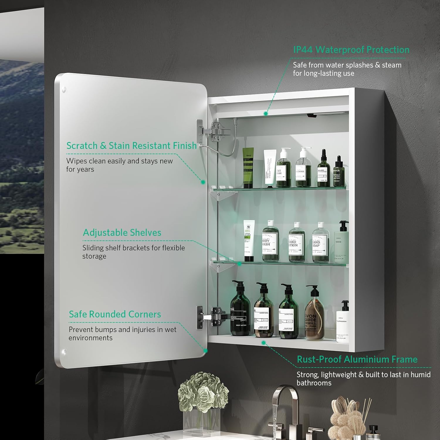 LUMIRRORS® LED Bathroom Mirror Cabinets with Lights and Shaver Socket 50x70cm, Wall Mounted Bathroom Cabinet with 3 Colour Lighting, Anti Fog, Dimmer, Touch Switch, Glass Shelves, Waterproof IP44