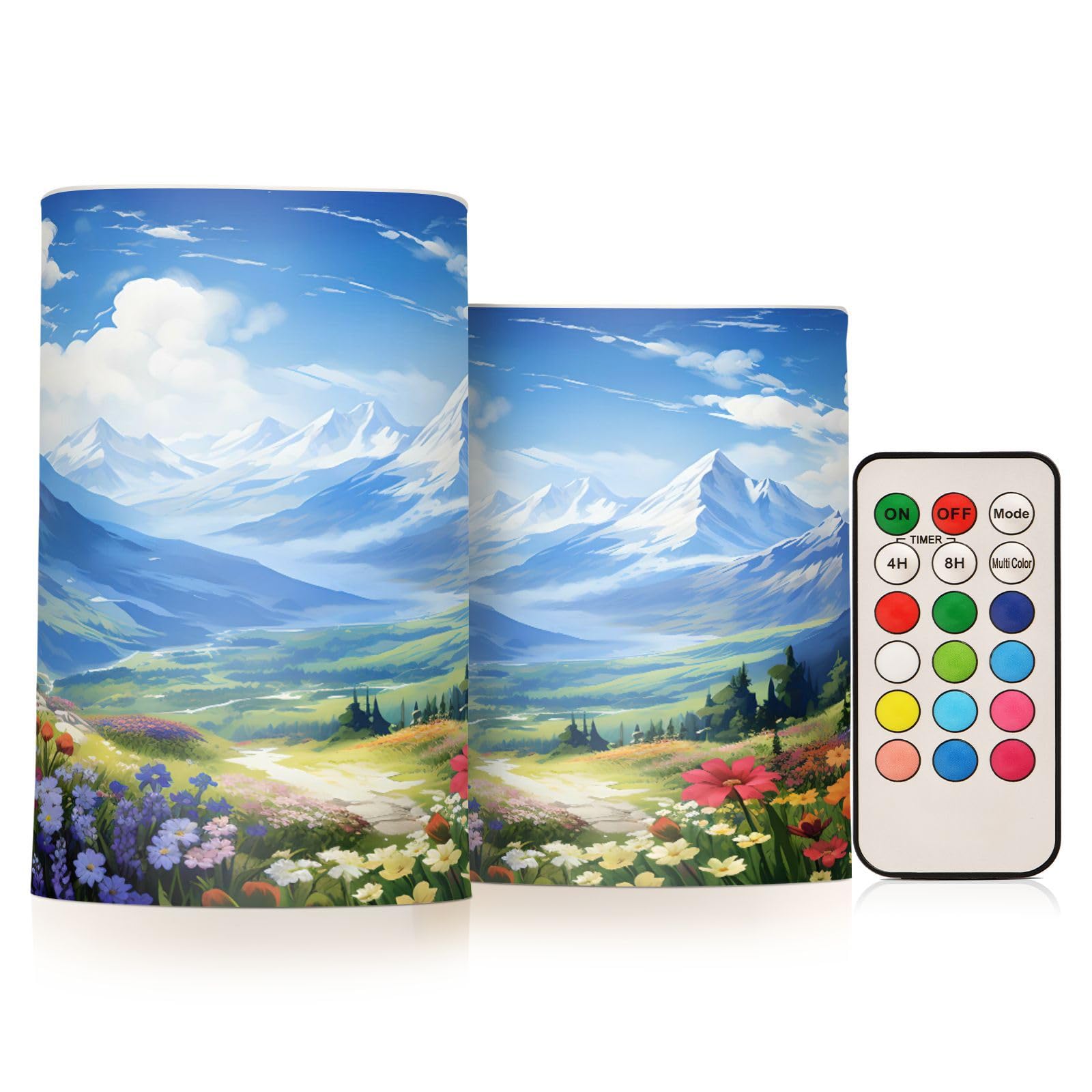 ALAZA Spring Moutain Flowers Landscape Flickering Flameless Candles Battery Operated with Remote Timer,Tea Light Candles LED Pillar Votive Candles Set of 2 for Outdoor Indoor Decorations