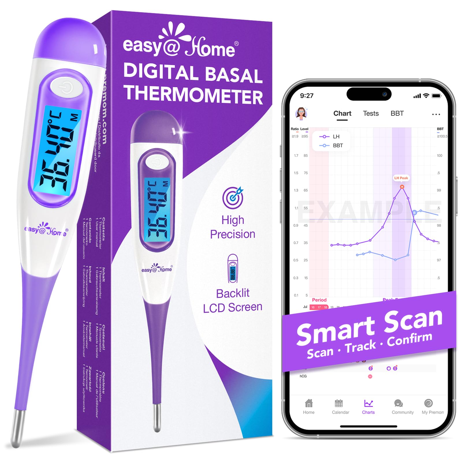 Thermomètre Basal Ovulation Symptothermie Oral: Easy@Home Thermomètre Basal Deux Decimales Suivi d'ovulation Et Cycle avec Premom App Française Écran LCD à rétroéclairage