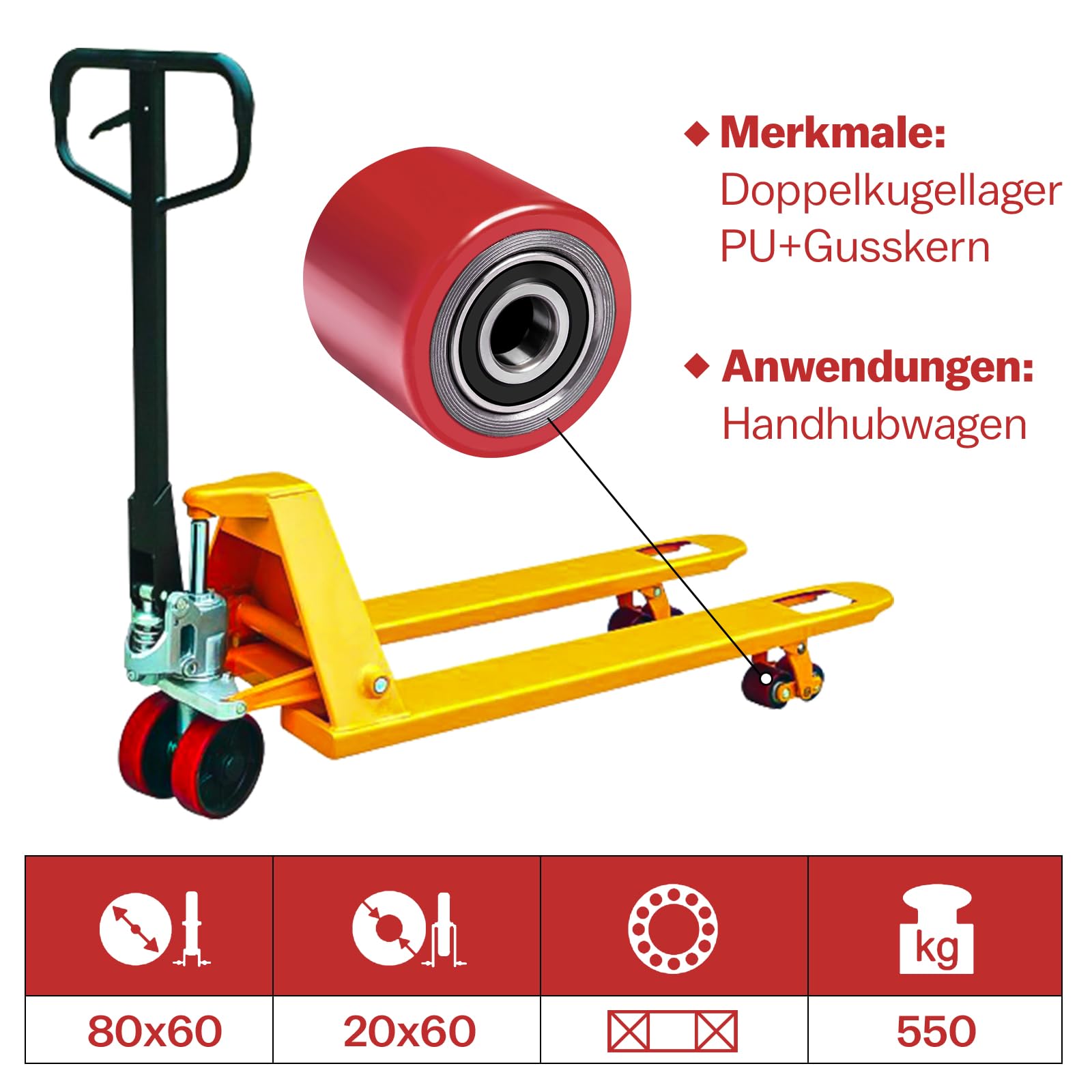 4 Stück Hubwagenrollen Polyurethan 80 x 60 mm, Achse 20 mm inkl. Kugellager | Rollen für Hubwagen Ersatzrollen, Max. Belastung 2200 KG