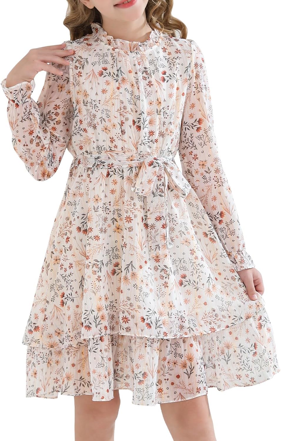Girls Fall Long Sleeve Dress Floral Ruffle Flower Girl Formal Party Holiday Midi Dresses with Belt 5-14 Years - Image 7