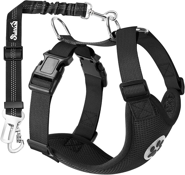 Eyein Hundegeschirr mit Sicherheitsgurt für Auto, 2 Karabinerhaken - verbunden mit Sicherheitsgurt-Schnalle, Kinder-Sicherheitssitz oder Trunk, verstellbare atmungsaktiv Geschirr (Schwarz, L) - 1