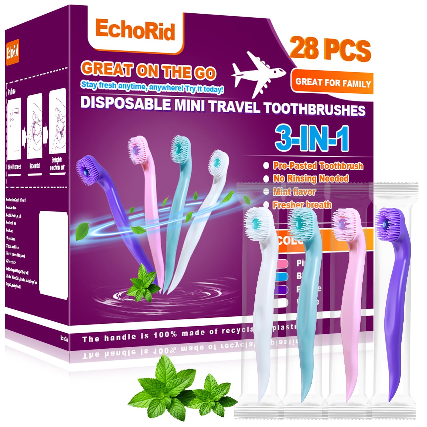 Photo 1 of **MISSING 10**EchoRid Mini Disposable Toothbrush, Pre-Pasted Toothbrushes with Toothpaste and Toothpick for Travel - Fluoride Free, No Rinsing Needed, Mint Flavor, Fresh Breath Anywhere Anytime - 28 Ct