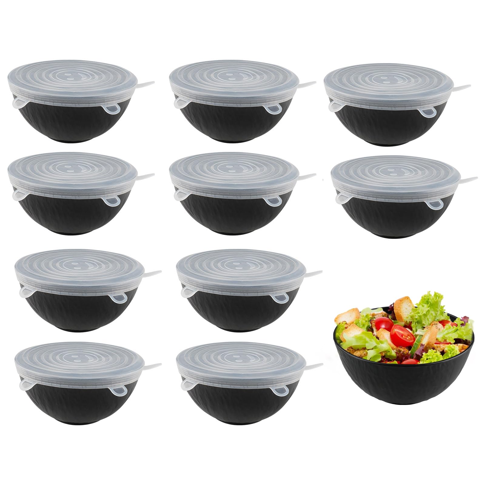 10 Ensembles de Bols de Céréales en Plastique avec 10 Couvercles en Silicone, Bols Anti-Chute pour Soupe, Ramen, Petit-Déjeuner, Ø 14,5 cm x 6,5 cm