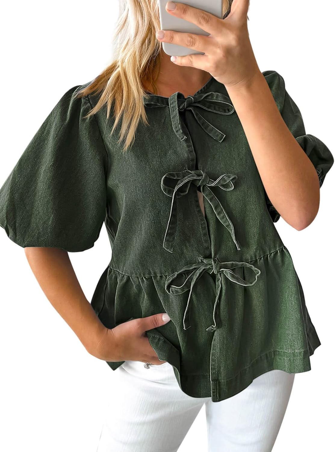 Tankaneo Womens Denim Tie Front Tops Babydoll Peplum Puff Sleeve Jean Shirts Crew Neck Summer Casual Bow Blouses