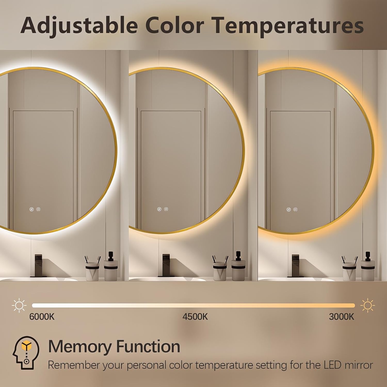 Niccy 36 Round LED Backlit Mirror with Lights, Gold Frame Anti-Fog Circle Mirror, Light Up 3 Color ShatterProof