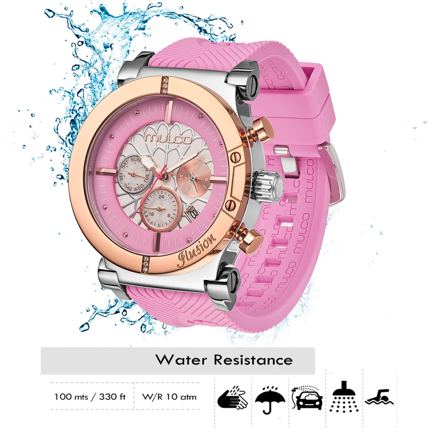 MULCO Dream Catcher - Reloj de mujer - Caja de acero inoxidable de 46 mm, movimiento analógico de cuarzo Miyota JP25, resistente al agua hasta 10 ATM, correa de silicona, multifunción, batería SR621SW