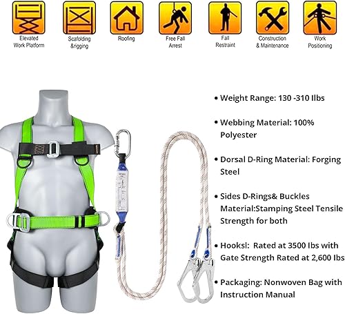 Miniatura 2 de Safety Harness Fall Protection Kit - Full Body Roofing harnesses with Shock Absorbing Lanyard Upgrade Paded