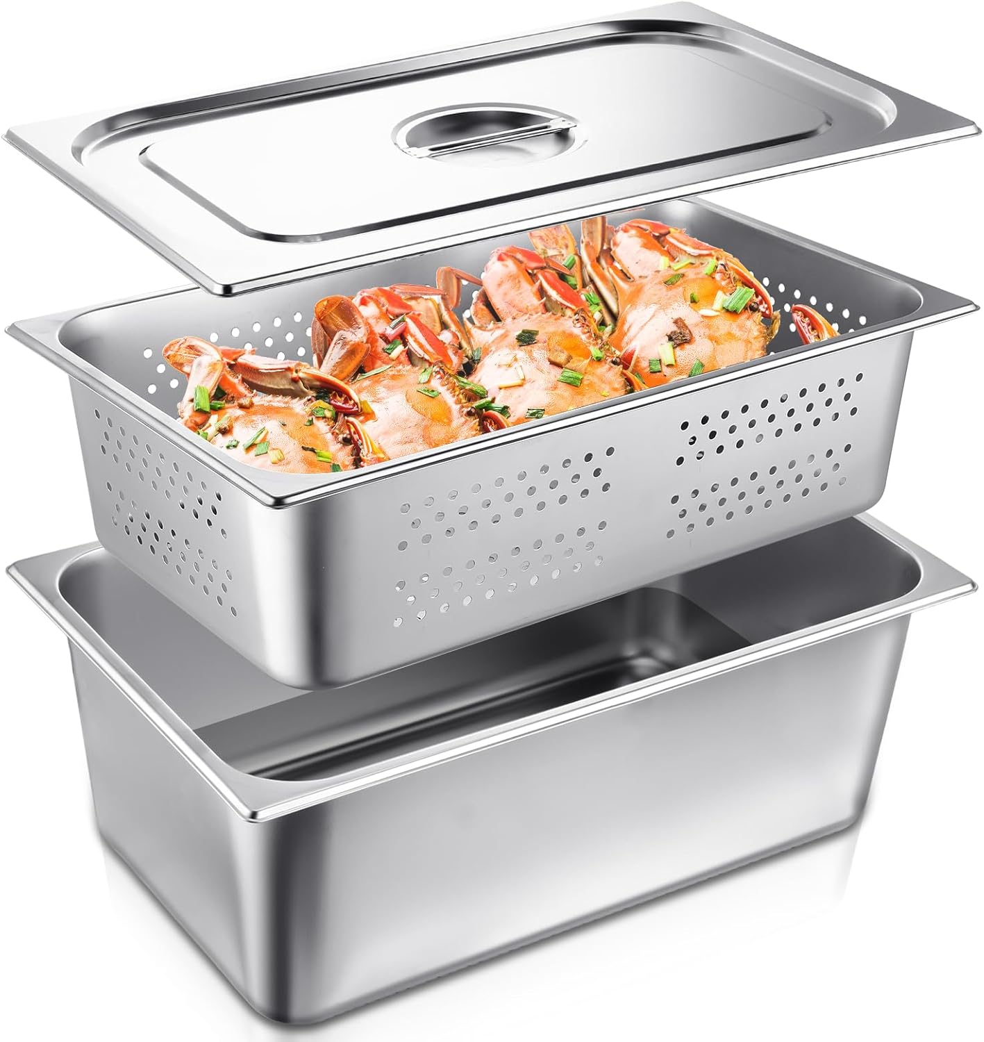 Ferraycle 3 Pack Full Size 6 Inch, 8 Inch Hotel Pan with Lid Perforated Steam Table Pan Restaurant Supplies for Kitchen, Steam Table Tray for Food Warmer