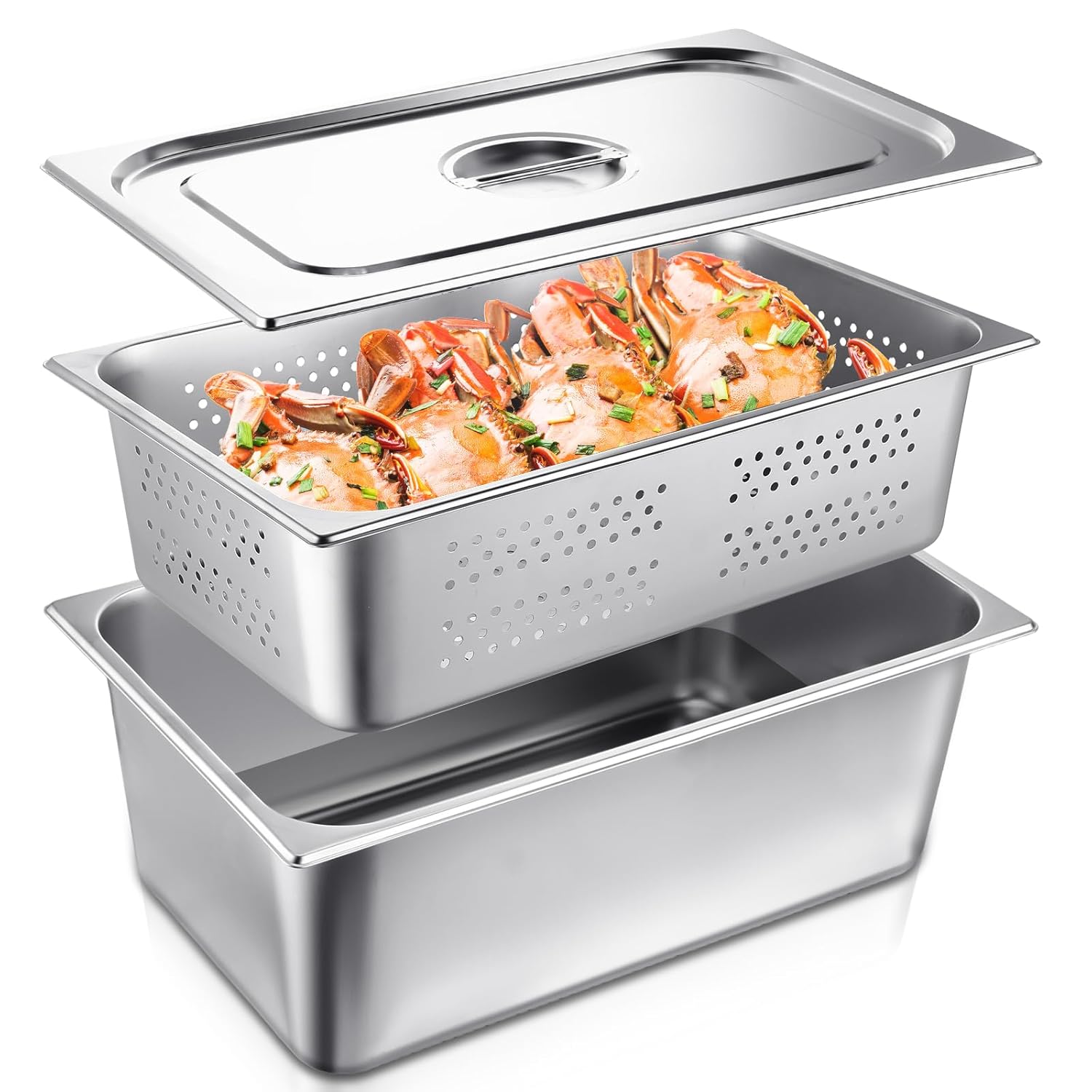 Paquete de 3 sartenes de hotel de tamaño completo con tapa, incluye sartén de vapor perforada de tamaño completo, cubierta de mesa de vapor,