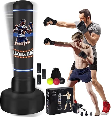 Saco de boxeo independiente para adultos y adolescentes, saco de boxeo pesado de 71 pulgadas con soporte y pelotas de reflejo de boxeo y bomba de