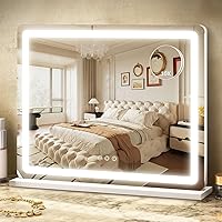 Vista 28 de ROLOVE - Espejo de tocador iluminado de 22 x 19 pulgadas con luces LED regulables, 3 modos de color, control táctil inteligente y base giratoria