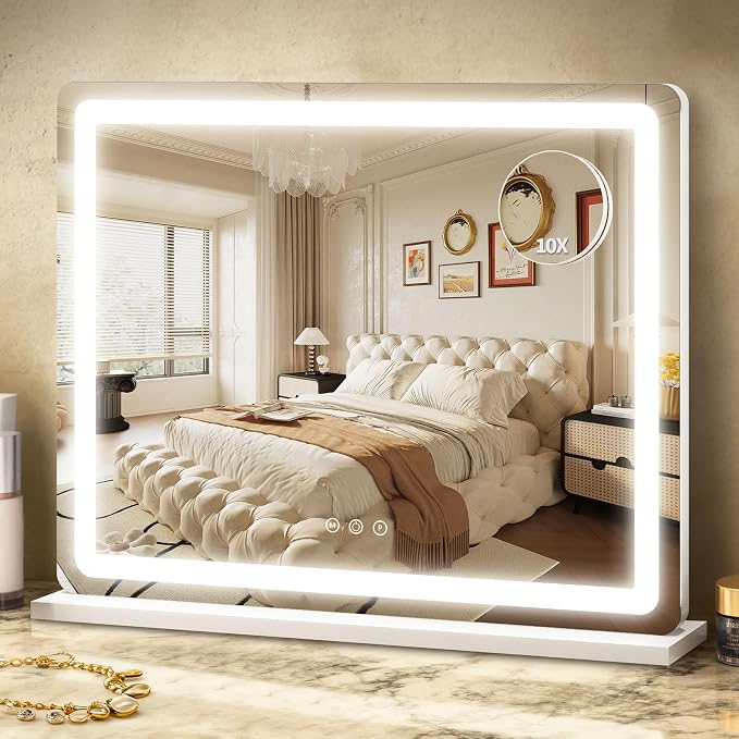 ROLOVE Vanity Mirror with Lights, 23"x18" Large Makeup Mirror with Lights, 10x Magnification, Wall Mounted LED Mirror for Bathroom, Dimmable Touch Control, Desk Mirror