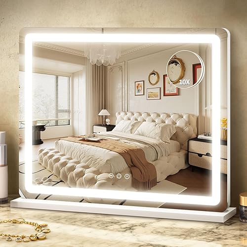 ROLOVE 23"x 18" Large Vanity Mirror with Lights, LED Makeup Mirror for Dresser and Desk, 10X Magnification, Dimmable Touch Control, Wall Mounted or Tabletop Mirror for Bedroom (White)