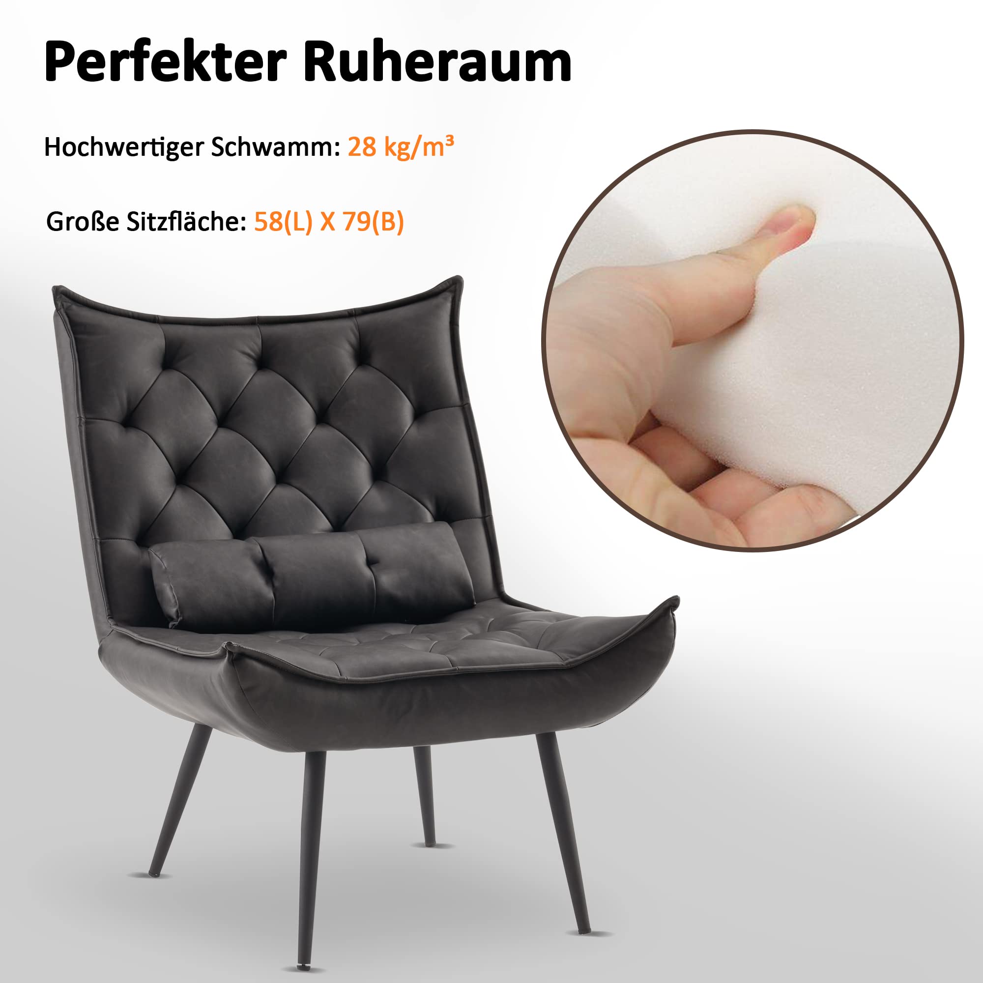 MCombo Sessel mit Hocker, moderner Relaxsessel mit Taillenkissen für Wohnzimmer, Retro Vintage Lesesessel Loungesessel Stuhl Polstersessel 4778(Dunkelgrau-Kunstleder)