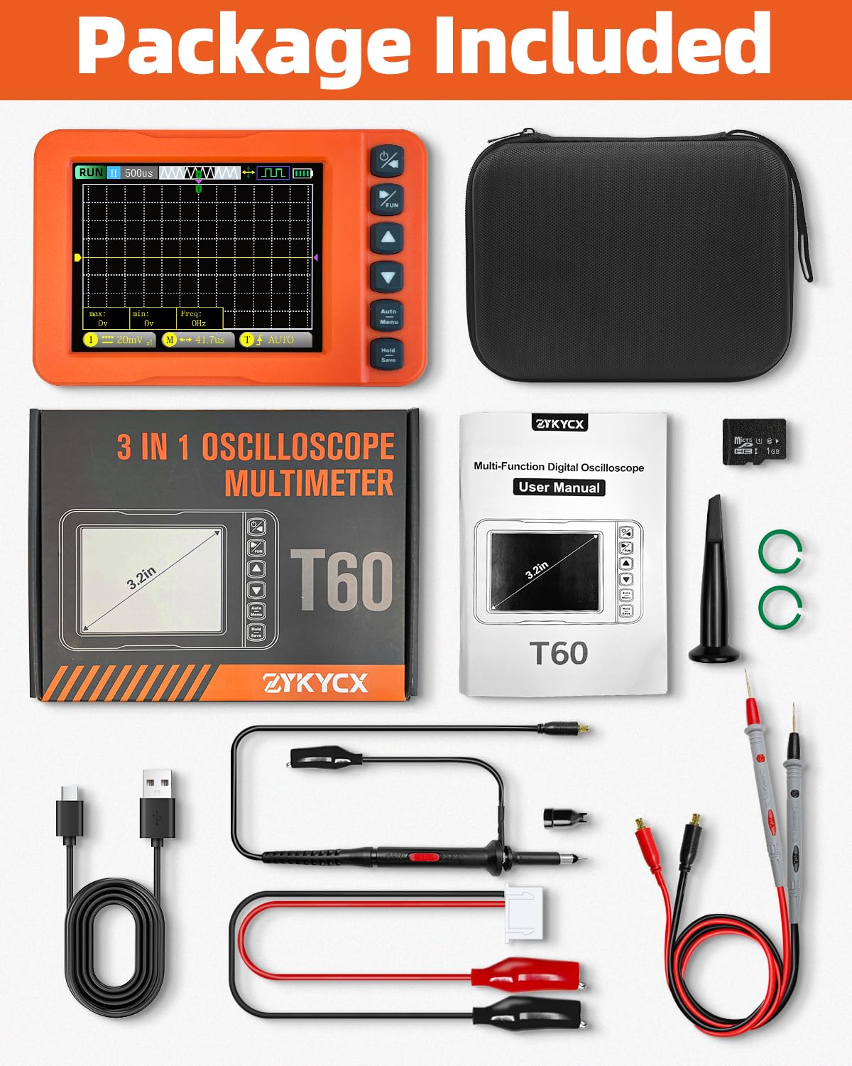 Osciloscopio Portátil 3 en 1, 15MHz 60MS/s Osciloscopio Digital Multímetro con Generador de Señales DDS, Medición de Voltaje AC/DC, Capacitores, Resistencias, Prueba de Diodos para Automoción