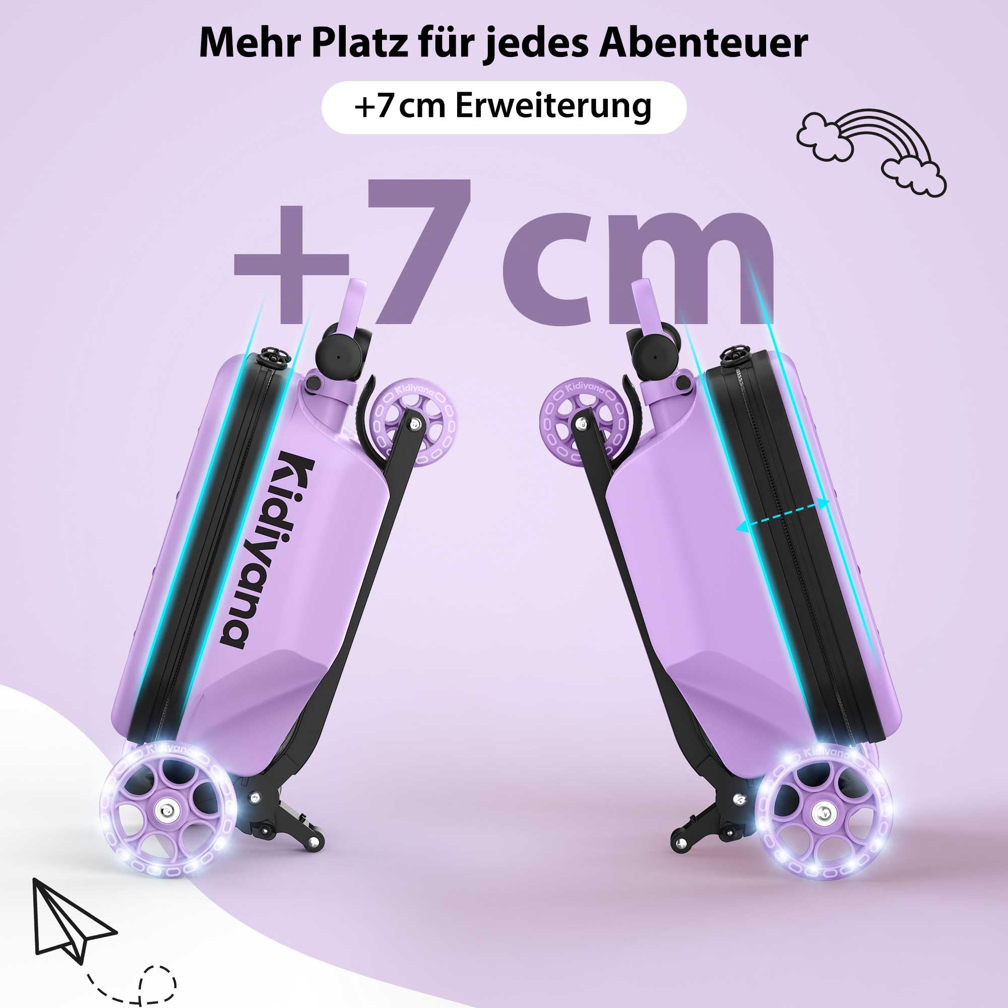 Kinder Scooter mit Koffer, Handgepäck Koffer mit Roller, LED-Rädern, Höhenverstellbarer Lenker, A5 Sichtfenster, 7cm Stauraumerweiterung, Kleinkind Geschenk für 2–8 Jahre, Bis 50kg, Lila
