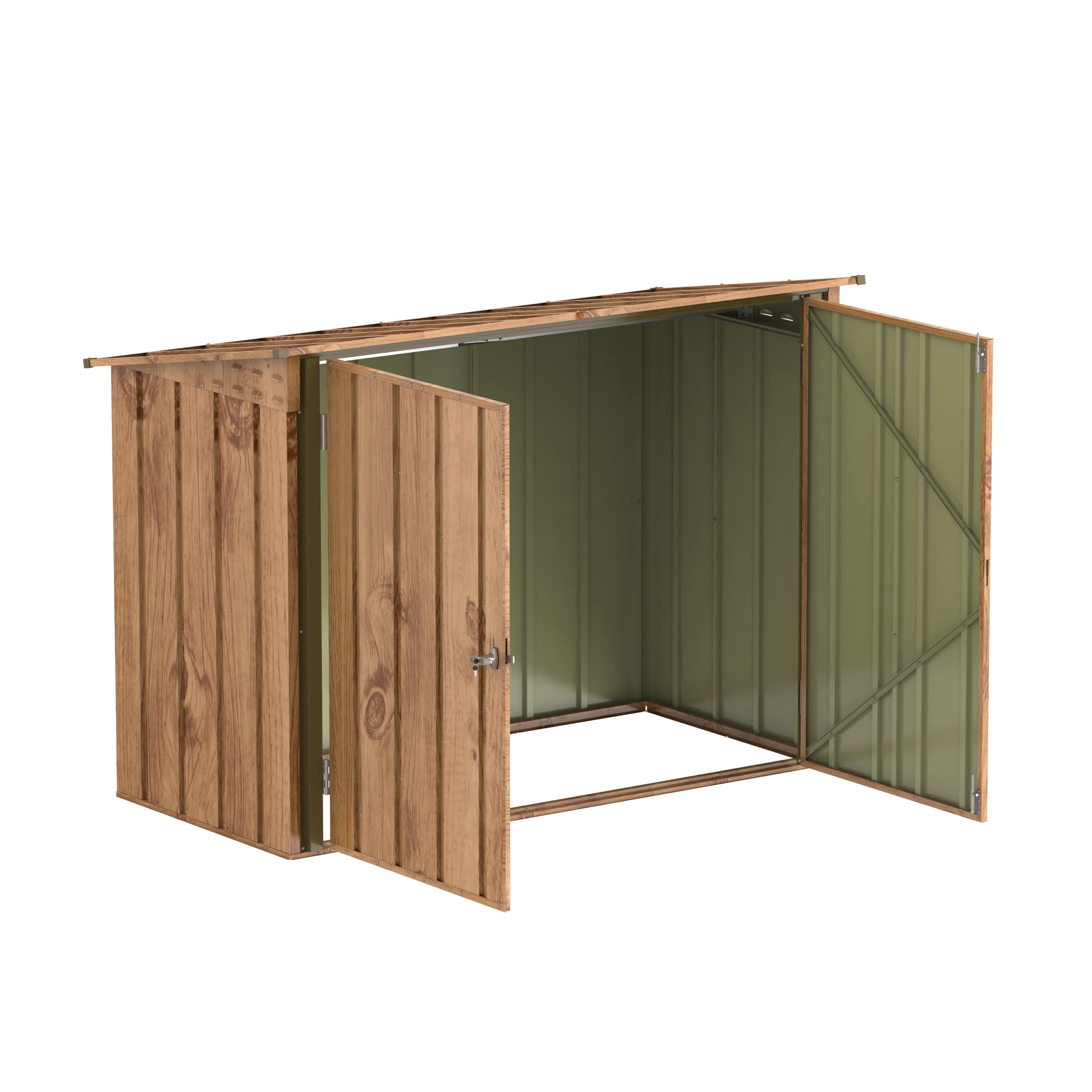 Duramax Abri à vélos pour 2 vélos avec portes doubles verrouillables entièrement larges, abri de stockage en métal, abri de jardin pour vélos, stockage de vélos, 203 x 101 x 146 cm, grain de bois