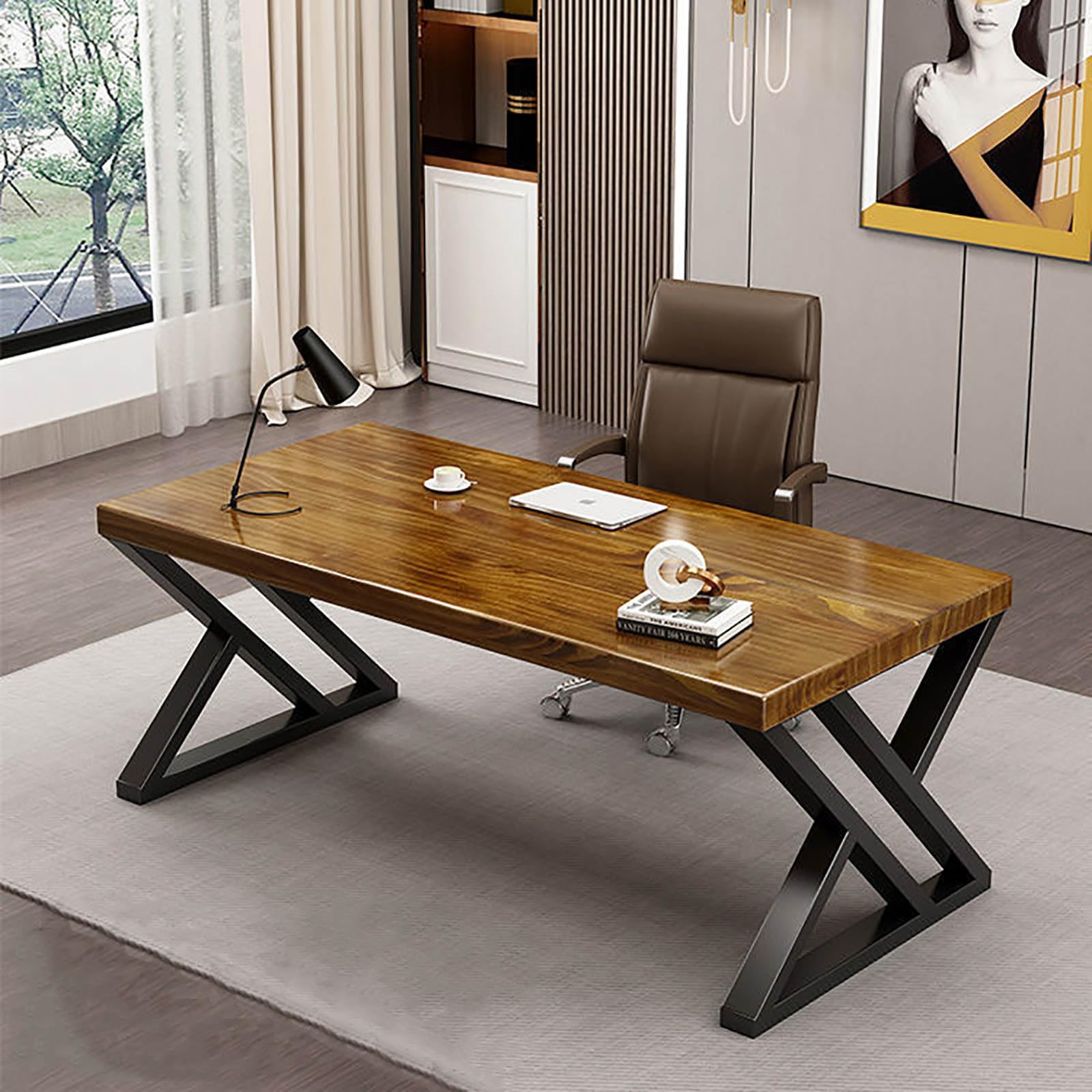 Wdsopk Brown A Desk Gaming Desk Modern Simple Natural Solid Wood Thick Computer Desk Study Writing Table Metal Frame Space Saving Executive Desk Workstation For Home Office（-120X60x75cm）