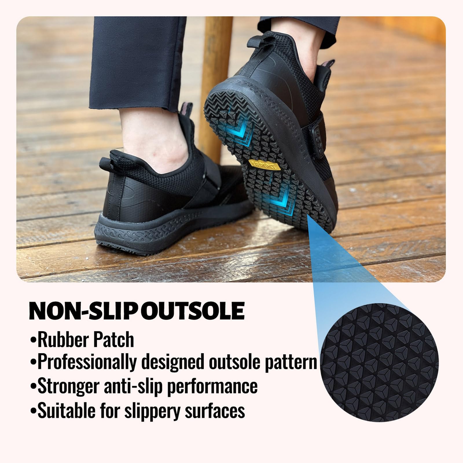 Delobi Women's Non Slip Work Shoes Sneakers Slip Resistant Food Service Water Resistant Zapatillas Zapatos Trabajo Slip On Lightweight Breathable Walking Shoes for Kitchen and Restaurant Black Size 7