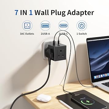 Plug Extension Socket with 4 USB, 3 Way Multi Plug Adapter UK, USB Wall Plug Charger, 3 Pin Plug Expander for Home, Office