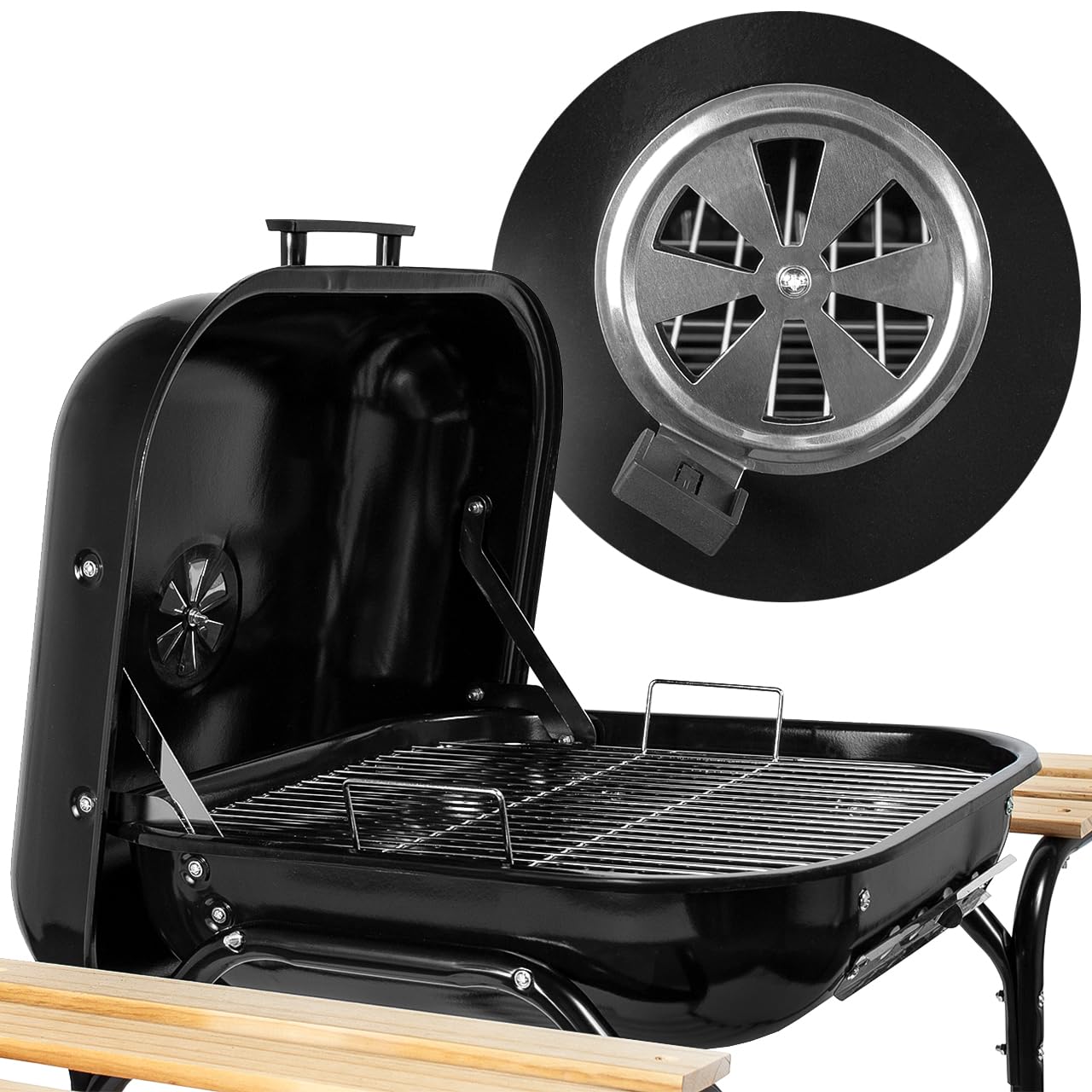 MalTec grill na węgiel drzewny + dmuchawa, grill kempingowy, grill piknikowy, grill na kółkach, do ogrodu, na kemping, taras