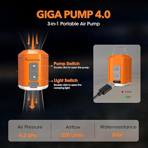 Miniatura 7 de Bomba de aire portátil 4.2kPa Bomba de aire para inflables recargable GIGA PUMP 4 con luz de campamento Ultra Air Colchón Bomba