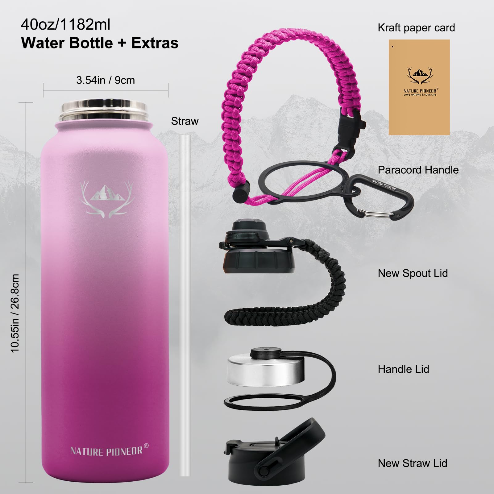NATURE PIONEOR Isolierflasche 1,2 L – Edelstahl, 3 Deckel, Paracord-Griff & 24h Heiß / 48h Kalt