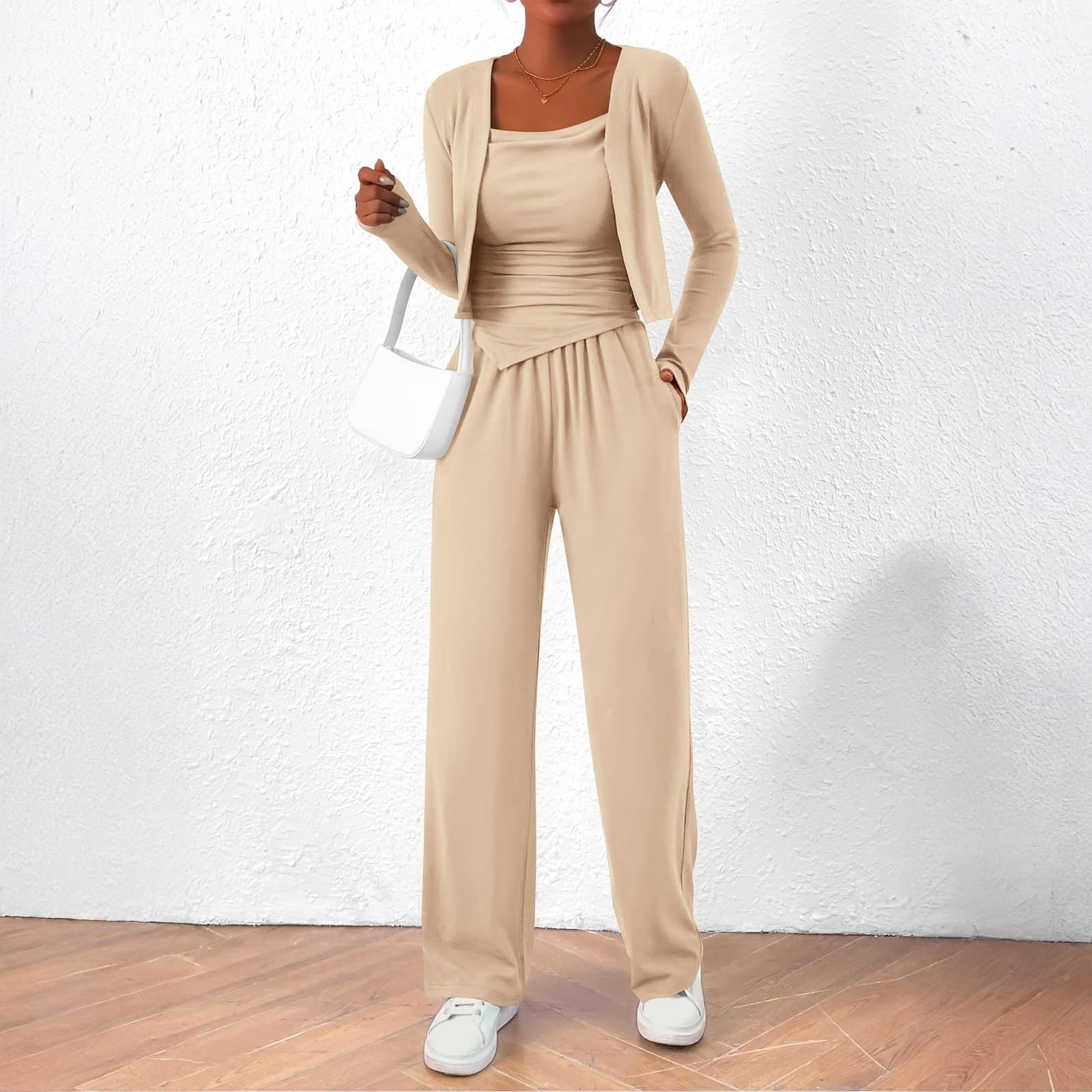 3 Pezzo Donna Manica Lunga Semplice Nubilato Top E Pantaloni Impero Waist Inverno Senza Colletto Sottile