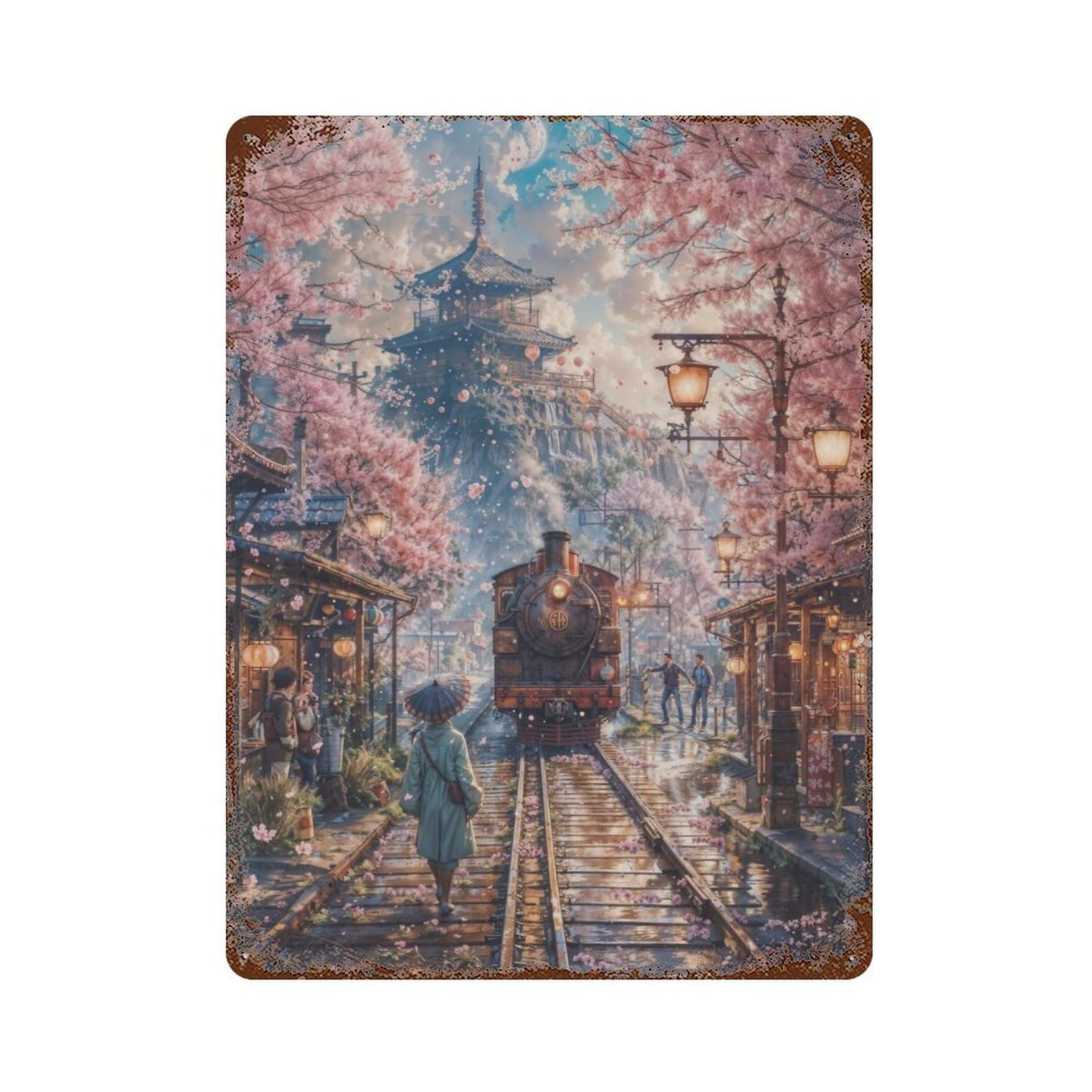 Rust Effect Japan Cherry Blossom Train Rusty Metal Tin Sign 15.7"x11.8", Farmhouse Wall Decor for Shed, Workshop And Garage Wall Decor