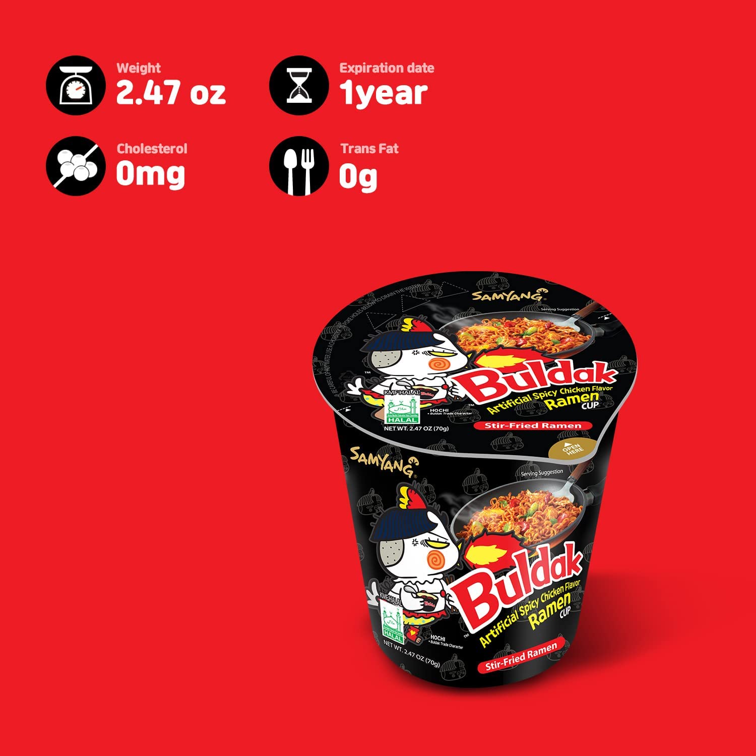 W&E Mart Ramen, Buldak Hot Spicy Chicken Ramen Noodle, Korean Stir-Fried, Original Flavor, Pack of 6 cups