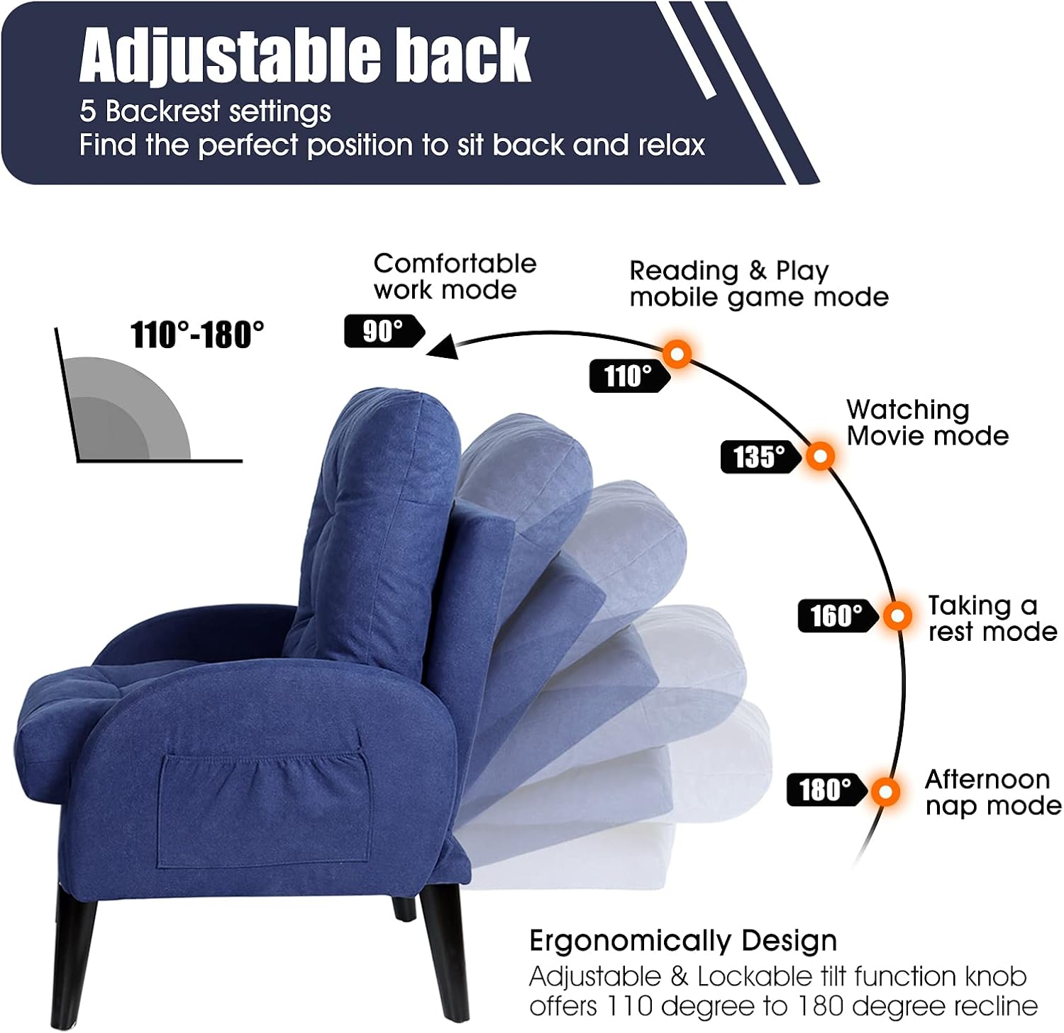 ELUCHANG Accent Chair with Ottoman Storage,Comfort Armchair with Adjustable Backrest and Side Pocket,Fabric Sofa Chair for Living Room Bedroom Office Lounge : Home & Kitchen