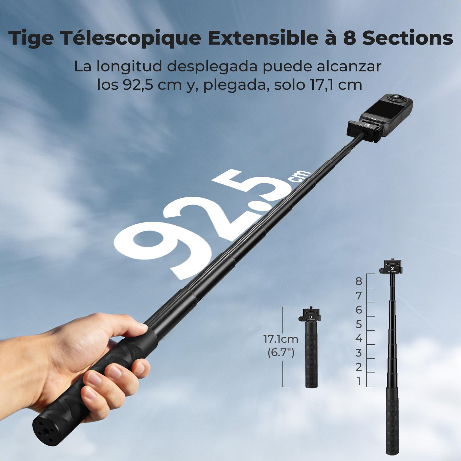 K&F Concept Palo Selfie Plegable Invisible de aleación de Aluminio de 92,5 cm, con Soporte de Tornillo de 1/4", Compatible con Insta360 X5/X4/X3, dji Osmo 360, Luna Ultra, empuñadura Ajustable
